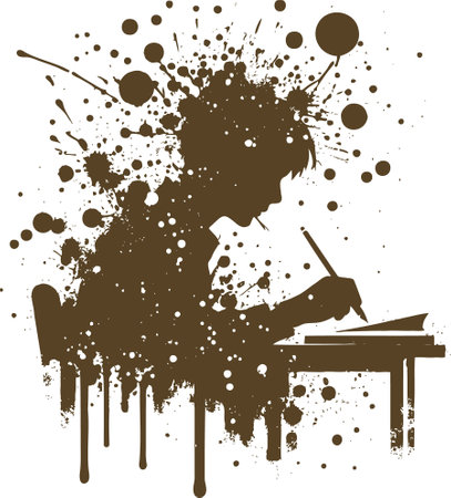 Silhouette of a person writing at a desk in an abstract ink splatter art styleのイラスト素材