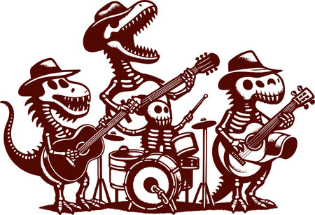 Dinosaur skeleton band playing instruments in vintage stencil styleのイラスト素材
