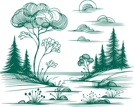 Peaceful Woodland A Simple Line Art Illustrationのイラスト素材