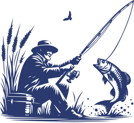Silhouette illustration of fisherman catching a large fish with a rod in stencil styleのイラスト素材