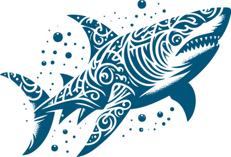 Abstract illustration of a shark in tribal style with blue patternsのイラスト素材