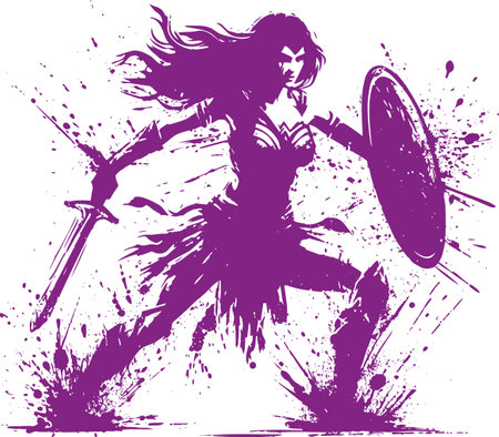 Fearless woman in battle stance with sword and shield in abstract splash styleのイラスト素材