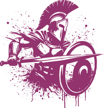 drawing of a silhouette of a Spartan warrior in a fighting pose in a graphic design style with paint splattersのイラスト素材