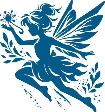 A serene minimalist digital illustration of a blue fairy silhouette flying amidst floral elementsのイラスト素材