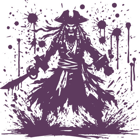 A menacing silhouette of a pirate holding a sword surrounded by splatters of paintのイラスト素材