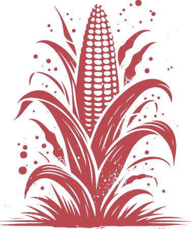 red silhouette of a corncob surrounded by leaves stencil drawing with splashes and blots