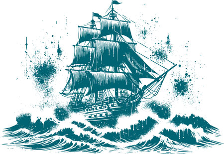Schooner in a storm sailing ship fighting waves in stencil styleのイラスト素材