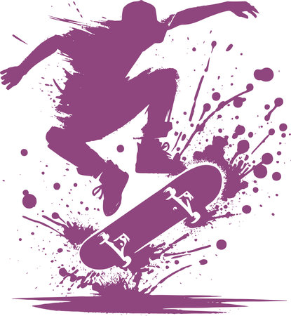 Silhouette of a skateboarder performing a high jump with splatter effects in stencil graffiti style for urban and sports artworkのイラスト素材