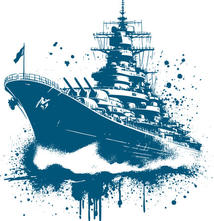 Dynamic Vector Illustration of a Historic Battleship Cutting Through Rough Seas Perfect for Nautical Themed Designsのイラスト素材