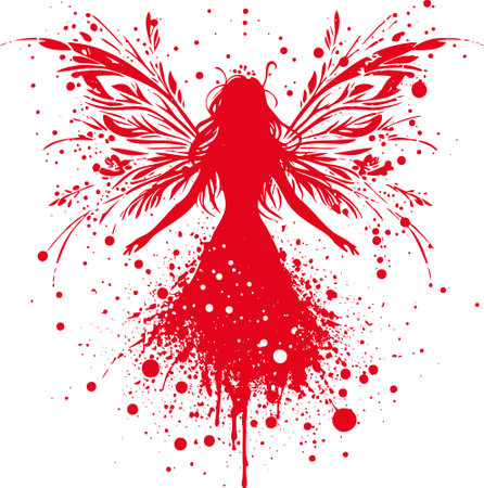A Crimson Silhouette of a Winged Woman Emerging from Abstract Splatter A Digital Art Piece Ideal for Gothic and Fantasy Themed Designsのイラスト素材