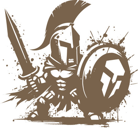 art drawing stencil of a Spartan very angry ready for battle with a sword in his hand covered with a scribbleのイラスト素材