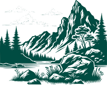 A tranquil mountain landscape in linocut style executed in green tones conveying the harmony of nature and encouraging reflectionのイラスト素材