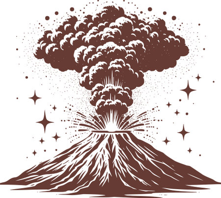 A dramatic vintage woodcut illustration of a volcanic eruption against a starry night sky capturing the raw power and beauty of natureのイラスト素材