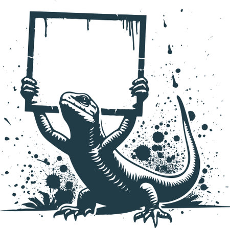 drawing of a lizard holding a blank poster with its arms raised above its head in the engraving techniqueのイラスト素材