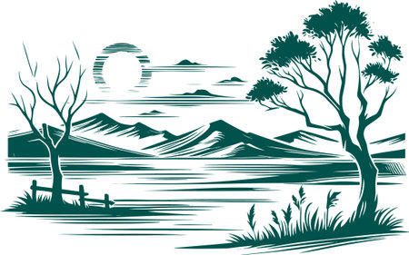 trees with branches on the background of a calm steppe to the very mountains on the horizon Calm landscape engravingのイラスト素材