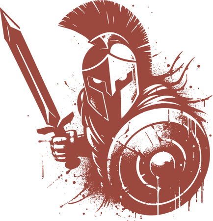 A dynamic grunge style illustration of a Spartan warrior wielding a sword and shield perfect for boldのイラスト素材