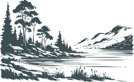 Black and white linocut depicting a fry garden landscape with a lake and a small hut in the middle of a forestのイラスト素材