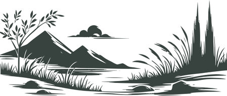 linocut depicting a picturesque mountain landscape with a lake framed by tall grass and treesのイラスト素材
