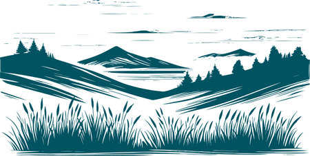 A peaceful mountain landscape with a lake executed in the style of engraving is ideal for interior design in an eco styleのイラスト素材