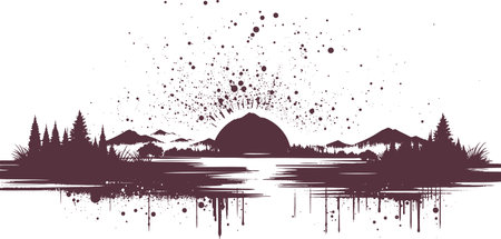 Abstract Mountain Sunset A Dark Ink Illustration of a Dramatic Alpine Landscapeのイラスト素材