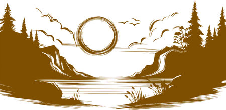 A Mystical Monochrome Mountain Lake Landscape Illustrated in a Minimalist Woodcut Styleのイラスト素材