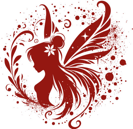 A Delicate Silhouette of a Fairy with Intricate Wings, Surrounded by Floral Elements and Splatter Paint Rendered in a Vibrant Crimson Hueのイラスト素材