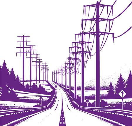 Illustration of a Road with Power Lines in a Minimalist Purple Silhouette Styleのイラスト素材