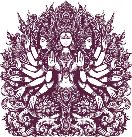Intricate depiction of a multi armed deity in a detailed ornamental style suitable for spiritual or artistic useのイラスト素材