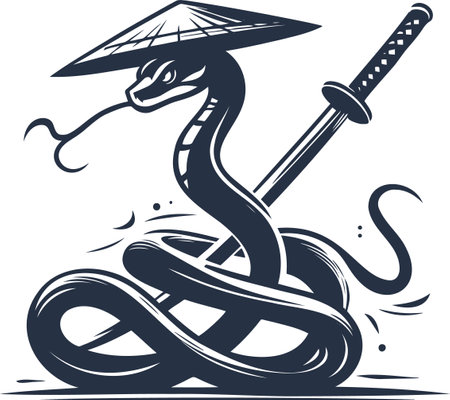 Snake with Samurai Sword in Traditional Hat Vector Art for Tattoo Designのイラスト素材
