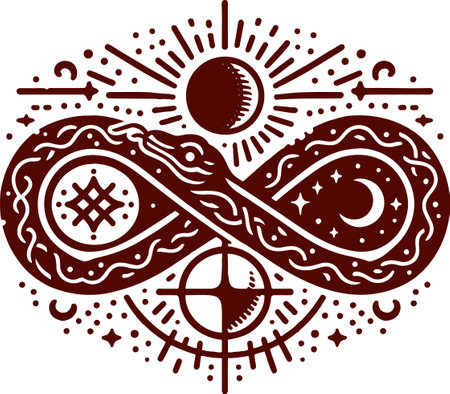 Symbolic snake in infinity shape with celestial elements in decorative vector styleのイラスト素材