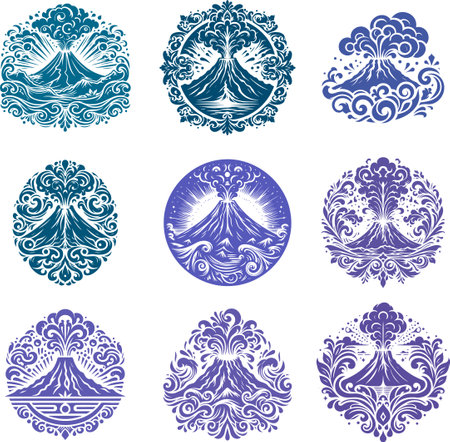 Ornate Stylized Erupting Volcano Illustrations for Artistic and Decorative Useのイラスト素材