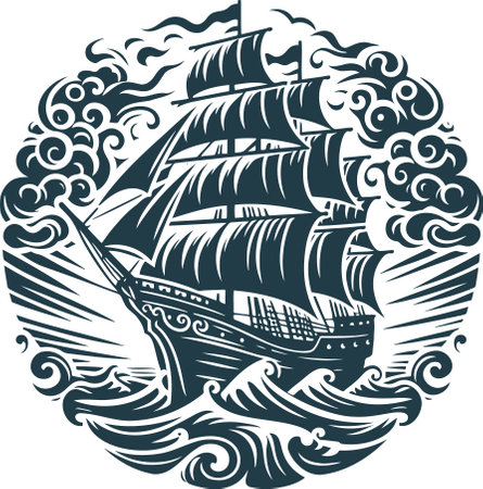 Traditional engraved depiction of a ship fighting rough seasのイラスト素材