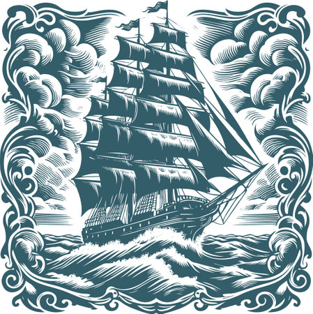 Stormy ocean scene with a sailing ship vintage engravingのイラスト素材