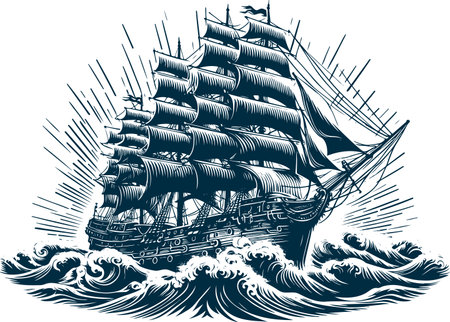 Vintage style vector illustration of a sailing ship fighting ocean waves created in an engraved techniqのイラスト素材