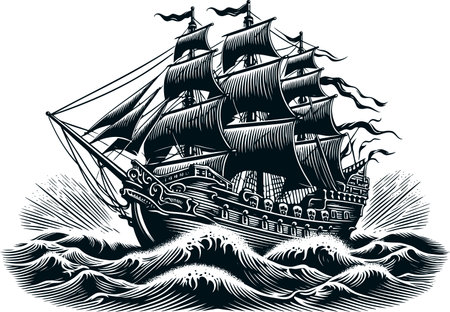 Intricate Woodcut Style Illustration of a Majestic Sailing Ship Navigating Stormy Seasのイラスト素材