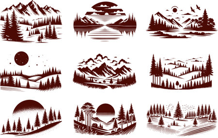 Vector illustration of picturesque mountain landscape with coniferous trees suitable for stencil designのイラスト素材