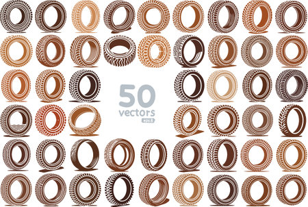collection vector illustrations of stylized tire designs featuring various patterns and textures in shades of brownのイラスト素材