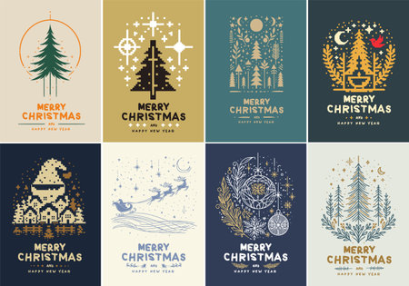 Set of festive Christmas and New Year greeting card illustrations in minimalist and pixel art style suitable for holiday invitations postcards and decorationsのイラスト素材
