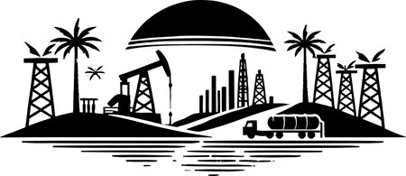 Oil Extraction and Refinery Scene in Silhouette Style for Industrial Useのイラスト素材