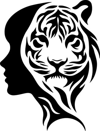 Artistic Double Exposure Tiger Face And Human Profile Silhouette In Tribal Styleのイラスト素材