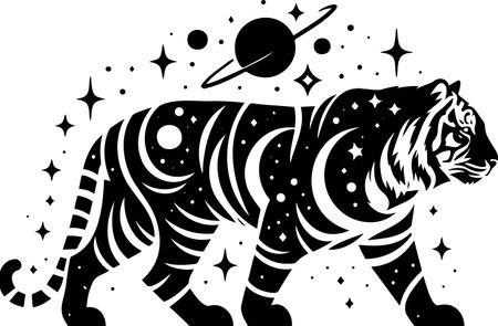 Tiger with Cosmic Patterns in Silhouette Style Suitable for Artistic and Decorative Useのイラスト素材