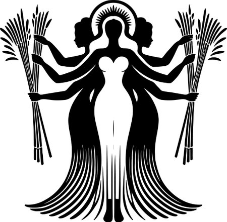 Symbolic Three Feminine Figures With Wheat Stalks Silhouette Designのイラスト素材