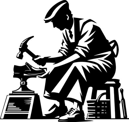 Silhouette of a Shoemaker Working with a Hammer Suitable for Craftsmanship and Artisan Themesのイラスト素材