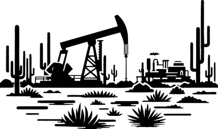 Silhouette of Oil Pumpjack and Refinery in Desert Landscapeのイラスト素材
