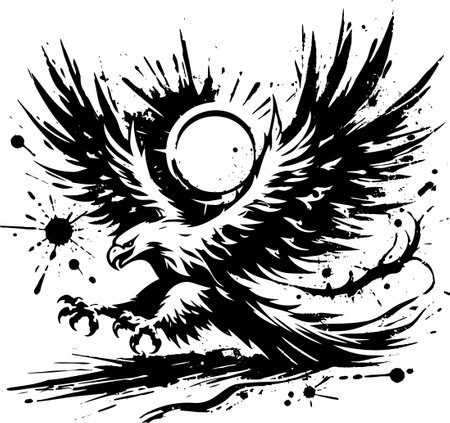 Dynamic Ink Splash Eagle Illustration with Circular Background Suitable for Tattoos and Graphic Designのイラスト素材