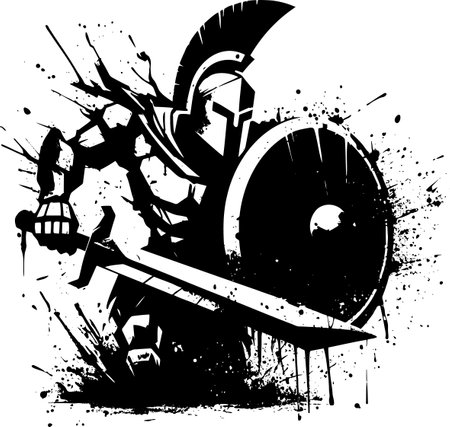 Dynamic vector illustration of a Spartan warrior with sword and shield in an ink splash art styleのイラスト素材