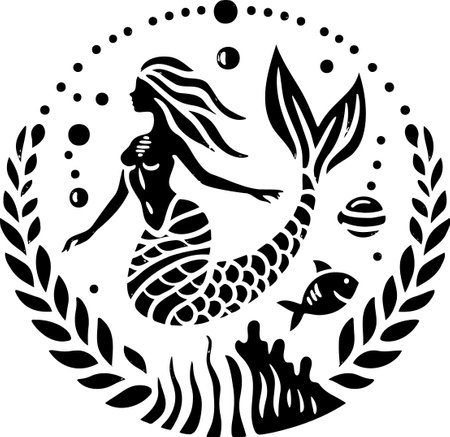 Decorative Circle Design with Mermaid and Ocean Elementsのイラスト素材
