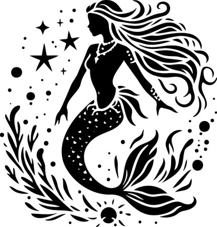 Elegant Black Silhouette of a Mermaid Surrounded by Stars and Seaweedのイラスト素材