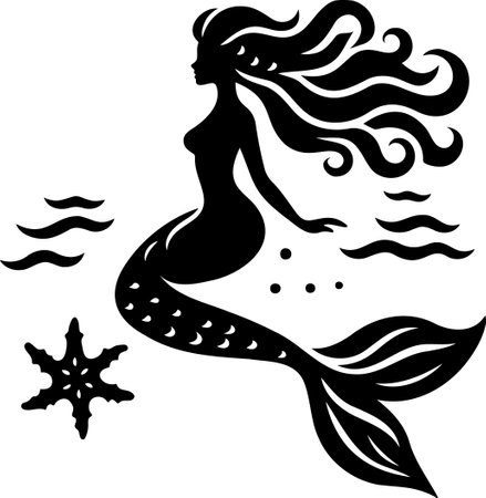 Elegant Black Silhouette of a Mermaid Sitting on a Starfishのイラスト素材
