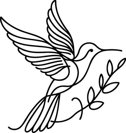 Elegant line portrait of a hummingbird on a branch with flowersのイラスト素材